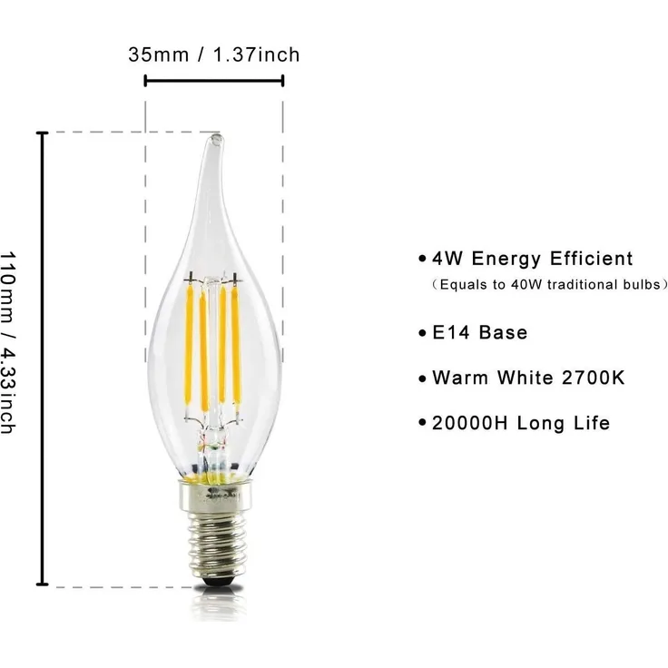 Nettlife LED-Leuchtmittel 6ER LED Glühbirne Vintage E14 Glühlampe 2700K LED Klar Kerzenlampe, E14, 6 St, Warmweiß, für Haus Café Bar Restaurant