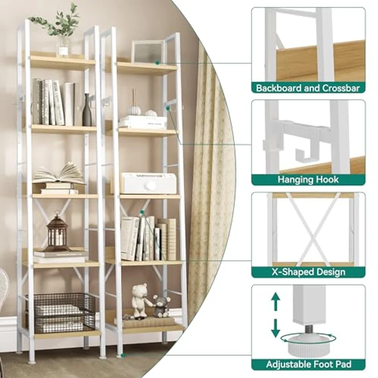 YITAHOME Bücherregal mit 5 Ebenen, industrielles Leiterregal, freistehendes Bücherregale, Holzregale und Metallrahmen, Standregal, modernes Regal für Wohnzimmer, Flur, Büro, Weiß und Eiche – Bild 7