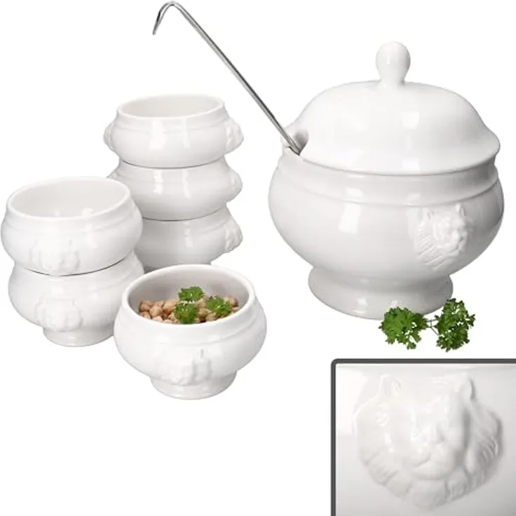 MamboCat Suppenschüssel 7tlg Set LEO Löwenkopf-Terrine mit & ohne Deckel 2L 0,25L weiß, Steingut