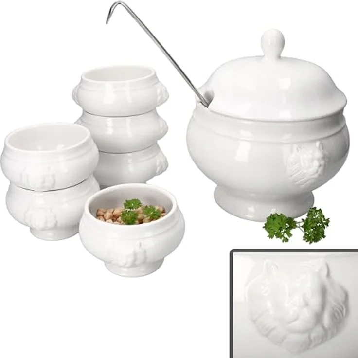 MamboCat Suppenschüssel 7tlg Set LEO Löwenkopf-Terrine mit & ohne Deckel 2L 0,25L weiß, Steingut – Bild 1
