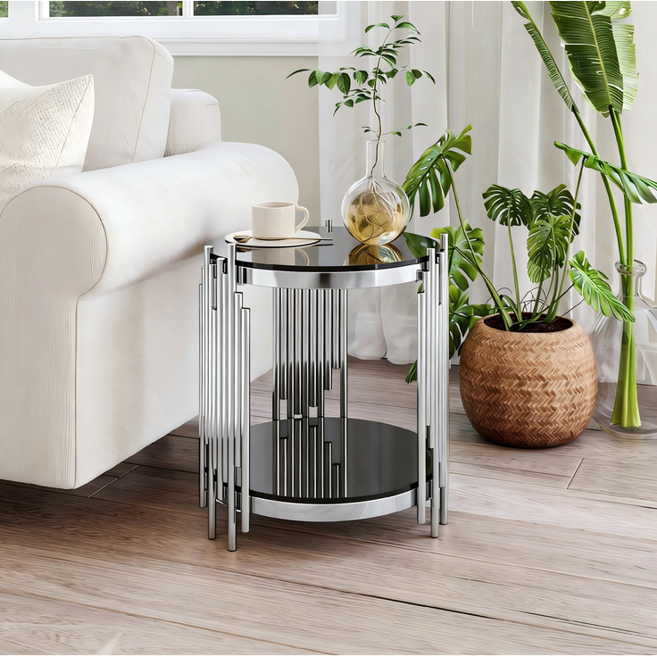 Couchtisch 45 cm rund aus gehärtetem Glas und Edelstahl in Schwarz/Silber – Bild 2