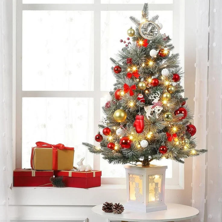 GarveeMore Künstlicher Weihnachtsbaum 90cm Künstlicher Tannenbaum mit LED-Beleuchtung & roten Beeren – Bild 2