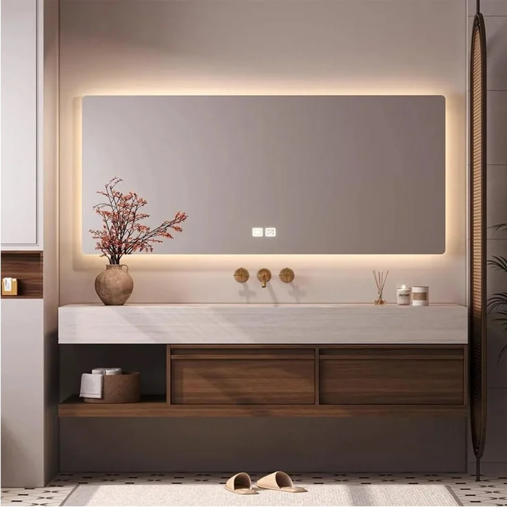 Muxing Badmöbel-Set Waschtisch-Set in Travertinoptik mit Spiegel und Unterschrank, (Set) – Bild 1