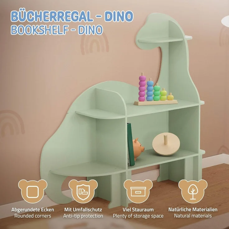 Joyz Spielzeugtruhe Kinderregal Kindermöbel Kinderzimmerregal Spielzeug Spielzimmer Möbel, Dino Bücherregal mit 3 Ebenen MDF – Bild 4