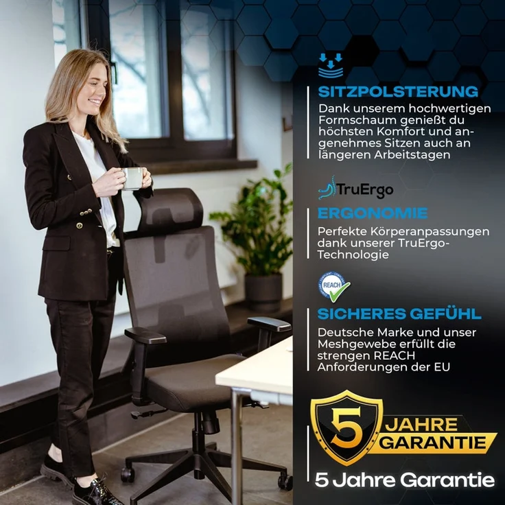 VALKENSTOL M3 KOMFORT Bürostuhl ergonomisch - 5 Jahre Garantie - Schreibtischstuhl tiefenverstellbare Sitzfläche - Armlehnen - extra bequem – Bild 5