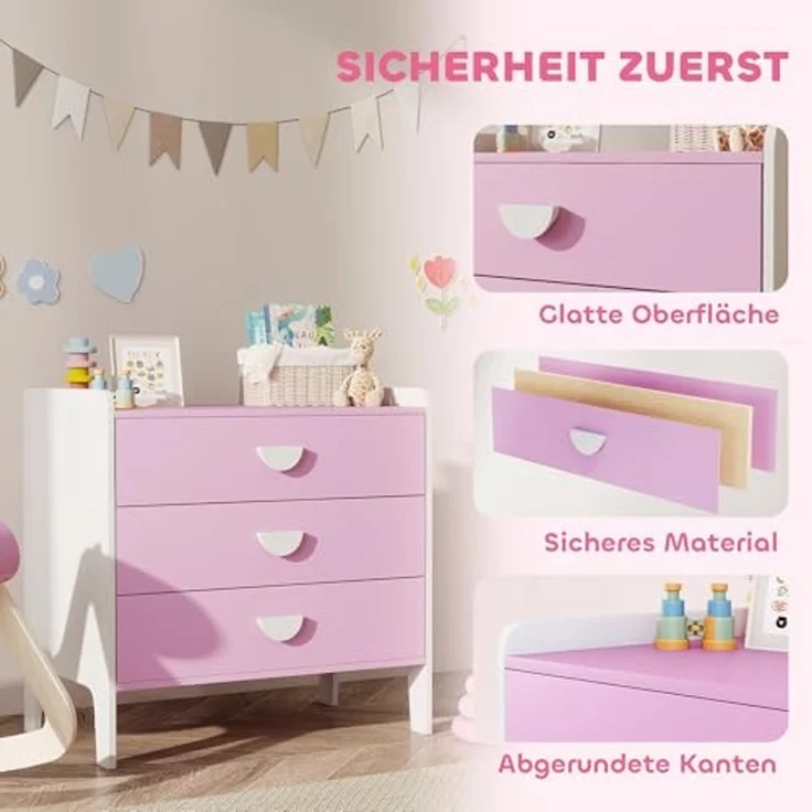 AIYAPLAY Kommode mit 3 Schubladen (Spielzeugschrank für Kinder, 1 St, Aufbewahrungsschrank), für Kinderzimmer, Wohnzimmer, 60 x 40 x 60 cm Rosa+Weiß – Bild 6