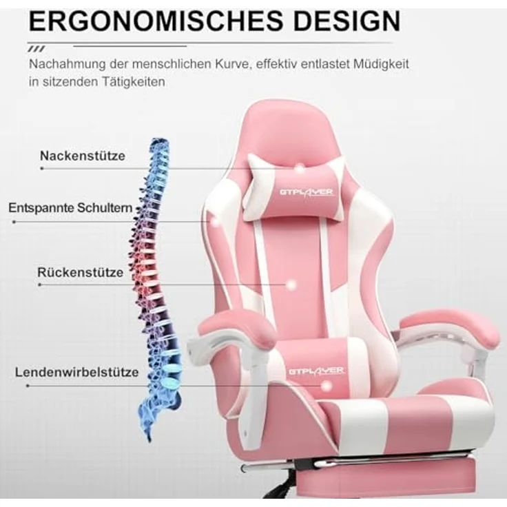 GTPLAYER Gaming Stuhl Bürostuhl Massage Gaming Sessel Ergonomischer Gamer Stuhl mit Fußstütze, Kopfstütze Massage-Lendenkissen, Gepolstert Gaming Chair, Drehsessel, rosa – Bild 4