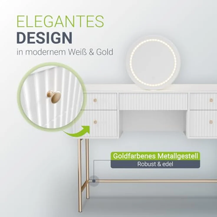 Juskys Schminktisch Samira & Hocker Melly mit Touch-LED-Spiegel, 5 Schubladen, viel Stauraum & elegantes Design für Schlafzimmer & Make-up – Weiß/Gold – Bild 7