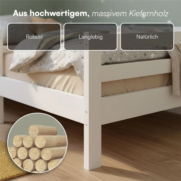 Bellabino 'Iskri' Kinderbett 90x200 cm, weiß, Massivholz Kiefer, Jugendbett mit Rausfallschutz und Lattenrost – Bild 6