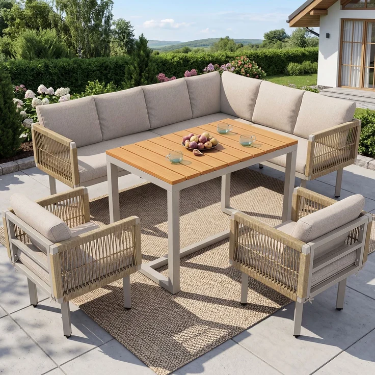 Merax 6-teiliges Gartenlounge-Set, Ecksofa mit 2 Sesseln & Tisch, wetterfestes Stahlgestell, Seilgeflecht-Design, Outdoor Lounge für Balkon & Terrasse, Beige – Bild 5