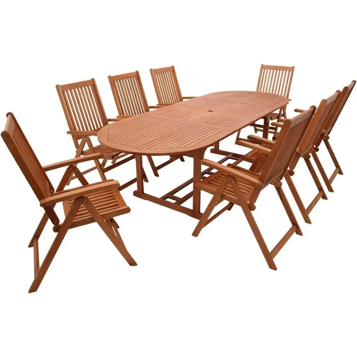 DEGAMO Garten-Essgruppe LAGO, (9-tlg), (8x Klappsessel, 1x Ausziehtisch 180/260x100 cm), Eukalyptus geölt