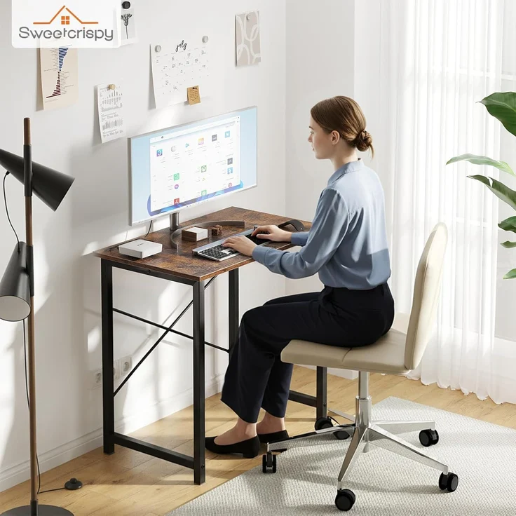 Sweetcrispy Schreibtisch, Kleiner Tisch 80 x 50 x 75.4 cm (31in), Computertisch Metallgestell‌, Bürotisch für Arbeitszimmer, Schlafzimmer, Wohnzimmer, Study Table Desk, Braun – Bild 2