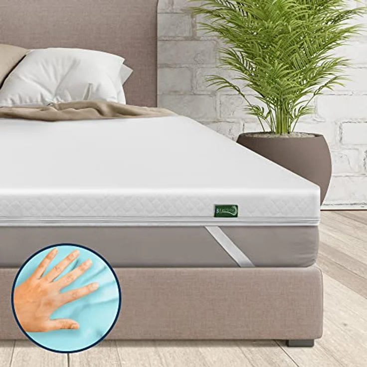 Beautissu Matratzentopper, Weiß, Gel Memory Foam mit doppelter Schicht, 90x200 cm, waschbar bei 40°C, für Matratzen bis 30 cm Höhe – Bild 2