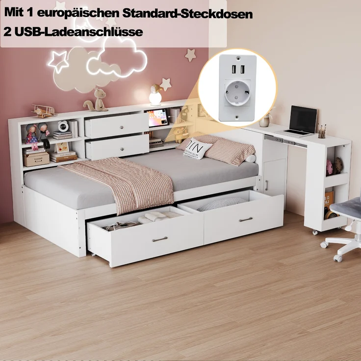 Holzschlafsofa, multifunktionaler Stauraum, verdeckte Staufächer und Regale, 2 große Schubladen, Steckdose, ausziehbarer Schreibtisch, Einzelbett, Jugendbett, Holzbett, Holz, Weiß, 90×200 cm – Bild 6