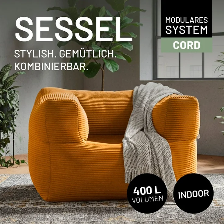 Lumaland Modular Sessel - Cord-Reihe | Indoor Sitzsack mit Softer Struktur, ideal Modulen | Bean Bag für Wohnzimmer & Co. - 96 x 72 x 70 cm – Bild 3