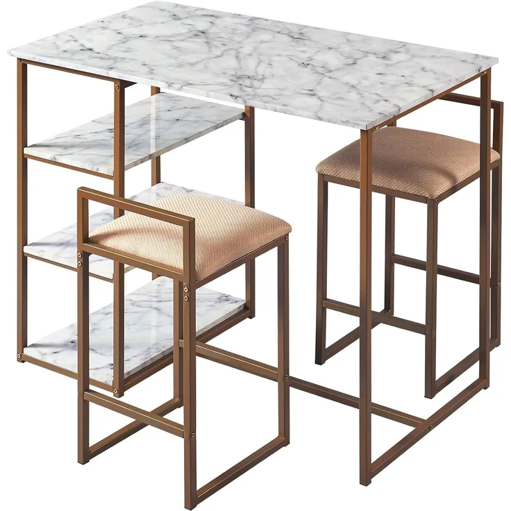 Teamson Home Marmo 3-Stücke Frühstücks-Ess-Set, Bartisch und 2 Gepolsterte Hocker mit Stauraum, Tischplatte aus Weißem Marmor und Beine in Gold-Messing-Finish