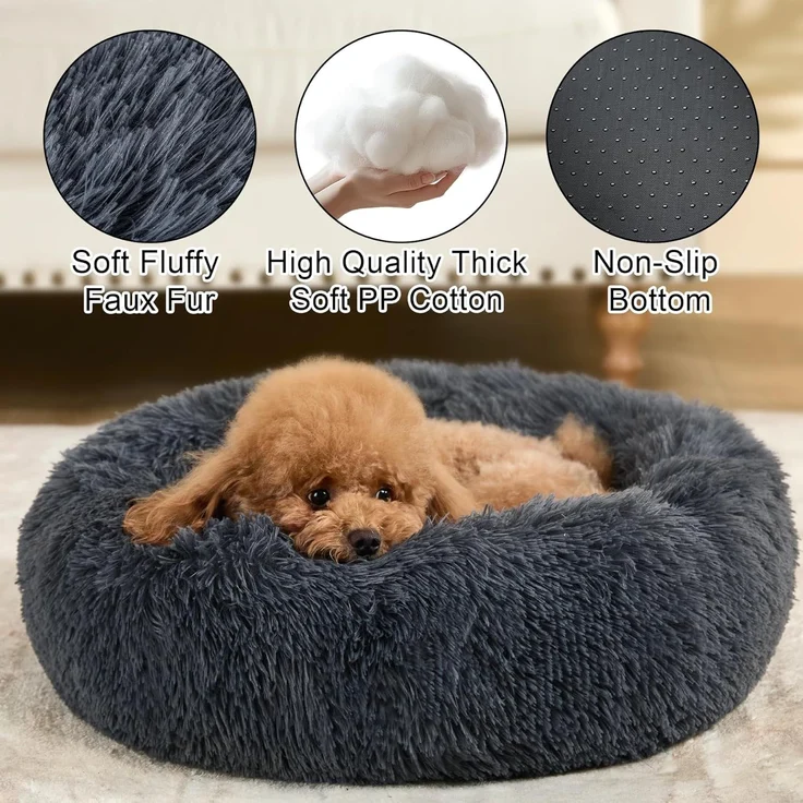 1 Stück Plüsch-Hundebett, rund, rutschfest, bis 4,5 kg, dunkelgrau – Bild 2
