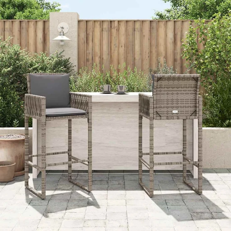 Garten-Barhocker 2er Set, Barstuhl mit Kissen Grau Poly Rattan – Bild 3