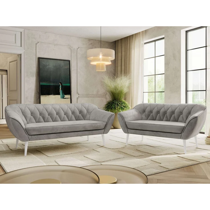 Skandinavisches Sofa Set PIRS 3-2, Komplettset, Wellenfederung, weiße Füße, Sitzgruppe, Polstermöbel Set - Hellgrau Velvet – Bild 4
