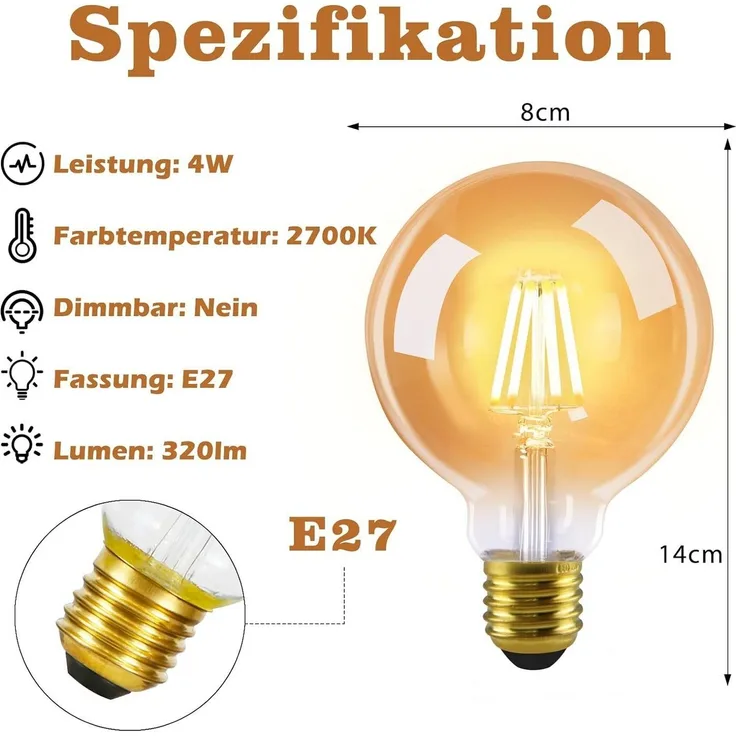 Nettlife LED-Leuchtmittel 2 Stück LED Glühbirne Vintage E27 Lampe G80 Warmweiss Filament, E27, 6 St, Warmweiß, für Hotel Haus Café Bar