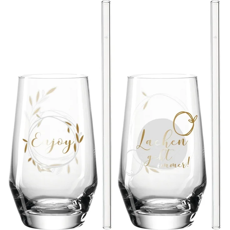 Leonardo 2 Trinkgläser + 2 Glastrinkhalme Presente Lachen, Glas, klar mit Motiv, 365 ml