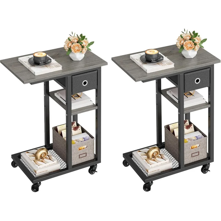 YITAHOME 2PCS Beistelltisch, C-Form Sofatisch mit Rollen und Schublade，Wohnzimmertisch für Kaffee und Laptop，für Wohnzimmer, Schlafzimmer，50 x 30 x 67 cm, Grau – Bild 1