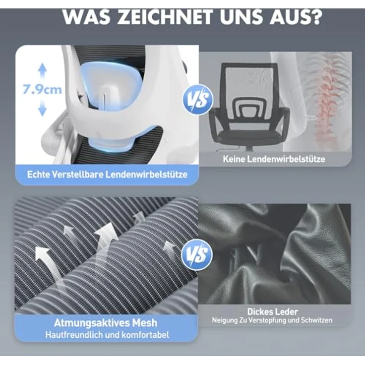 COLAMY Bürostuhl Ergonomisch, Netz-Schreibtischstuhl mit Verstellbarer Kopfstütze, Chefsessel Office Chair mit Lendenwirbelstütze, Verstellbarer Neigungsverschluss Drehstuhl, Grau – Bild 9