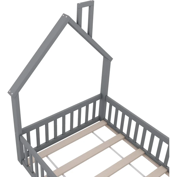 Haus-Kinderbett 90×200cm mit Schornstein-Kopfteildesign, umlaufendes Absturzsicherheitsgitter & Lattenrost, Kiefer + E1-MDF, Grau, ohne Matratze, Gesamt B205 × T95 × H138,7 cm – Bild 10
