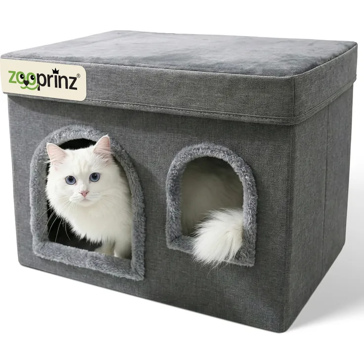 zooprinz Katzenhaus Sammy, modernes Katzenhaus mit zwei Eingängen, seitlichem Fenster und Wende-Kissen, grau