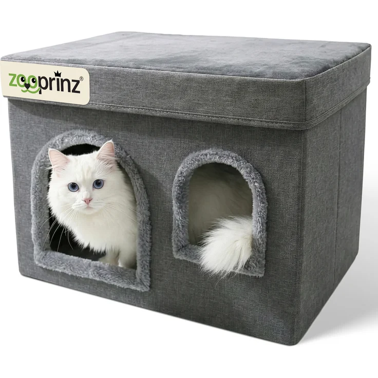 zooprinz Katzenhaus Sammy, modernes Katzenhaus mit zwei Eingängen, seitlichem Fenster und Wende-Kissen, grau