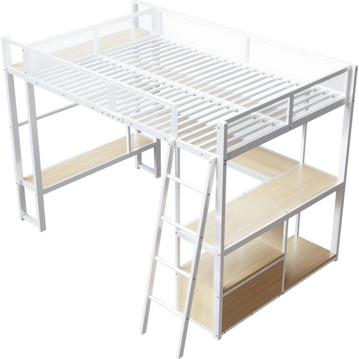 Hochbett mit Eckschreibtisch, LED-Streifen, PC-Ständer, Steckdose, USB, Rausfallschutz, Regal, Schrank, 140x200cm, Kinderbett, Jugendbett, Metallbett – Bild 7