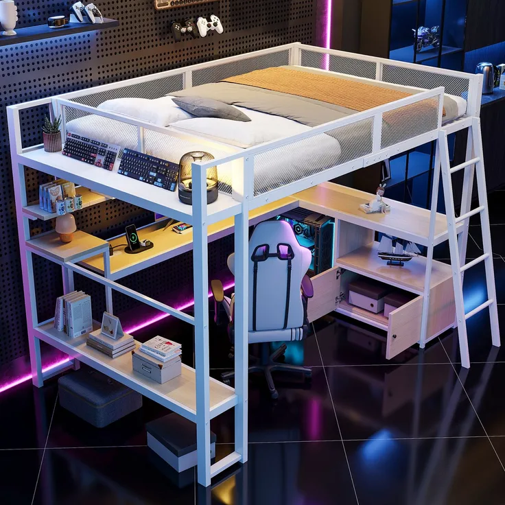 EINHOM Metall-Gaming-Hochbett (140 x 200 cm) mit Integriertem Arbeitsplatz, LED-Beleuchtung und Viel Stauraum, Weiß (Ohne Matratze)
