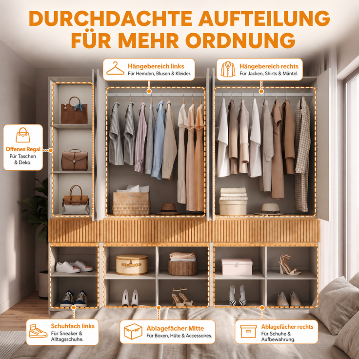 Drehtürenschrank 225 x 50 x 200 cm in heller Eichenoptik mit 10 Türen und 3 Schubladen – Bild 8