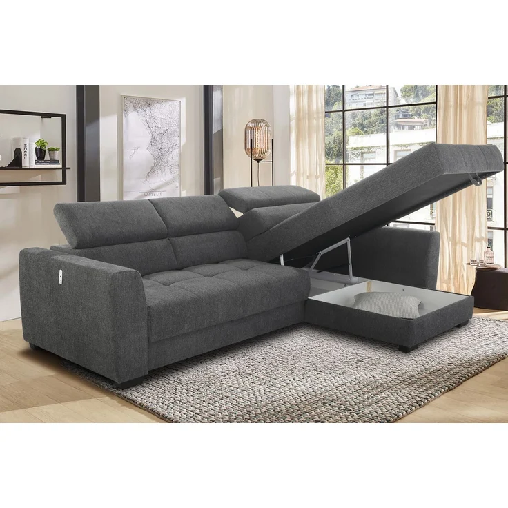 Ecksofa elektrisch ausfahrbar verstellbar Couch Kopflehne Bettkasten Dunkelgrau – Bild 6