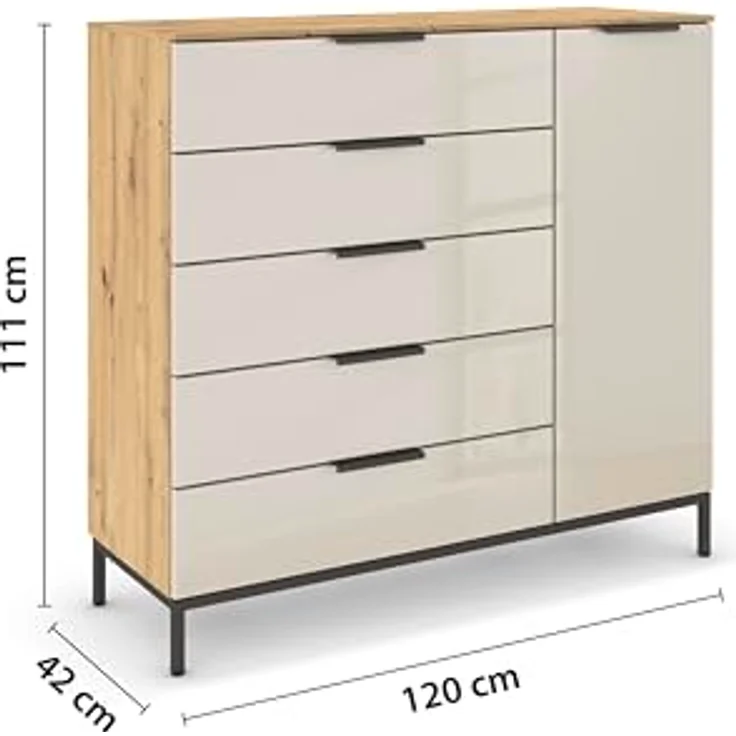 Rauch Möbel Flipp, Nachttisch für Schlafzimmer, Flur, Garderobe, 1-türig, 5 Schubladen, mit Softclose-Funktion, Griffe und Metallkufe Graphit, Farbe Eiche Artisan, Holz/Glas Beige, Breite 120 cm – Bild 4