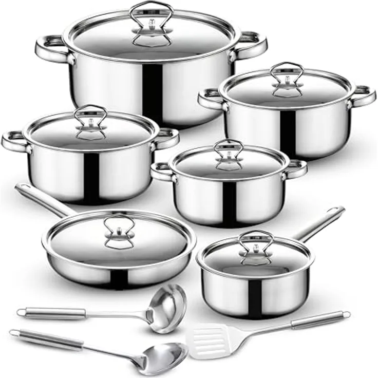 Retoo Topf-Set OR205, 15-teiliges Kochgeschirr-Set aus Edelstahl mit 4 Töpfen, 1 Pfanne, 6 Glasdeckeln und Küchenhelfern, Silber, für alle Herdarten