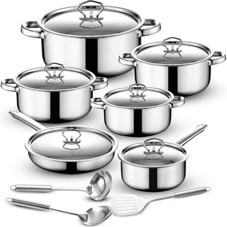 Retoo Topf-Set OR205, 15-teiliges Kochgeschirr-Set aus Edelstahl mit 4 Töpfen, 1 Pfanne, 6 Glasdeckeln und Küchenhelfern, Silber, für alle Herdarten – Bild 1