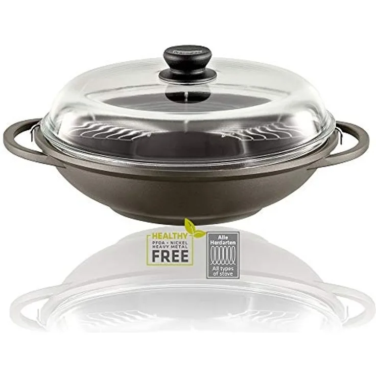 Berndes Bonanza Induction Wok mit Glasdeckel und Zubehör, Antihaftversiegelung, Aluminiumguss, Grau, Ø 32 cm, 074983