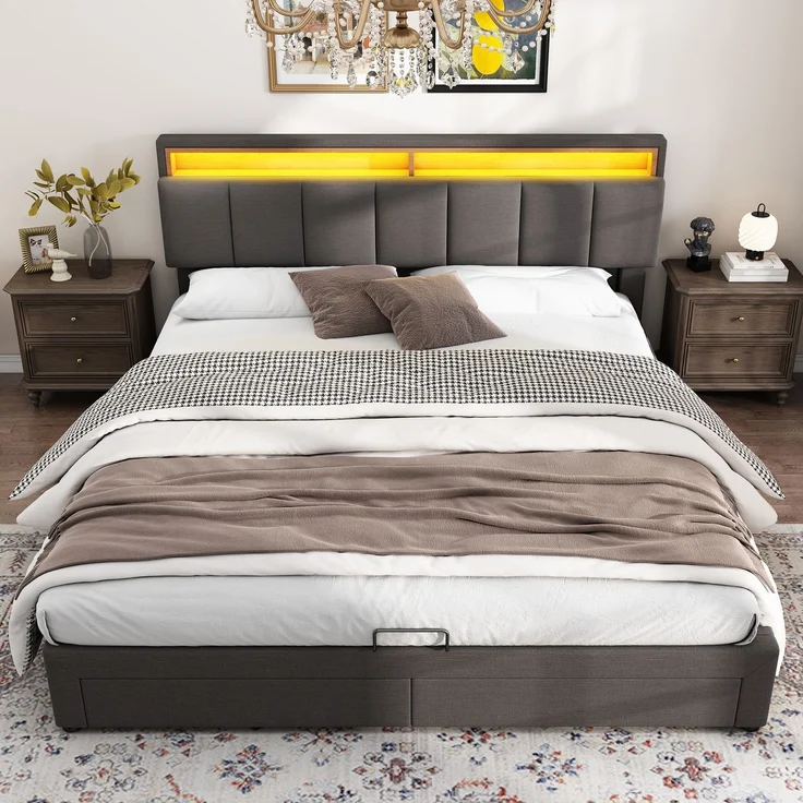 Polsterbett mit LED-Beleuchtung,Hydraulisch Stauraumbett mit Bettkasten,Schubladen und Staufächer,Verstaubares Kopfteil aus Schaum,Doppelbett aus Stahlrahmen,Leinen,160*200cm,grau – Bild 3
