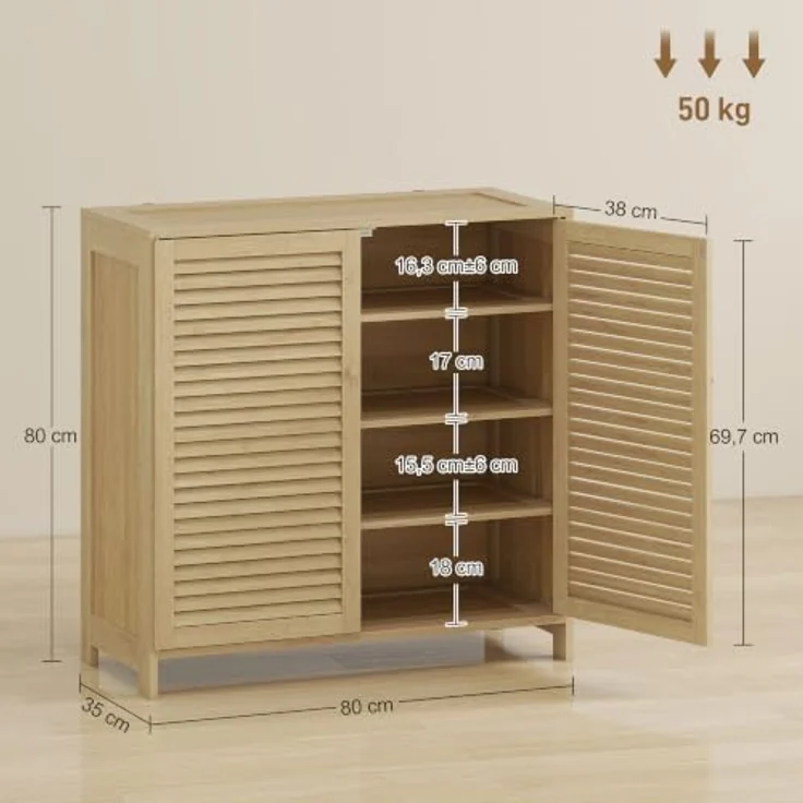 HOMCOM Schuhschrank Bambus, für ca. 14 Paar Schuhe, 3 verstellbare Einlegeböden, Lamellentüren, Natur – Bild 3