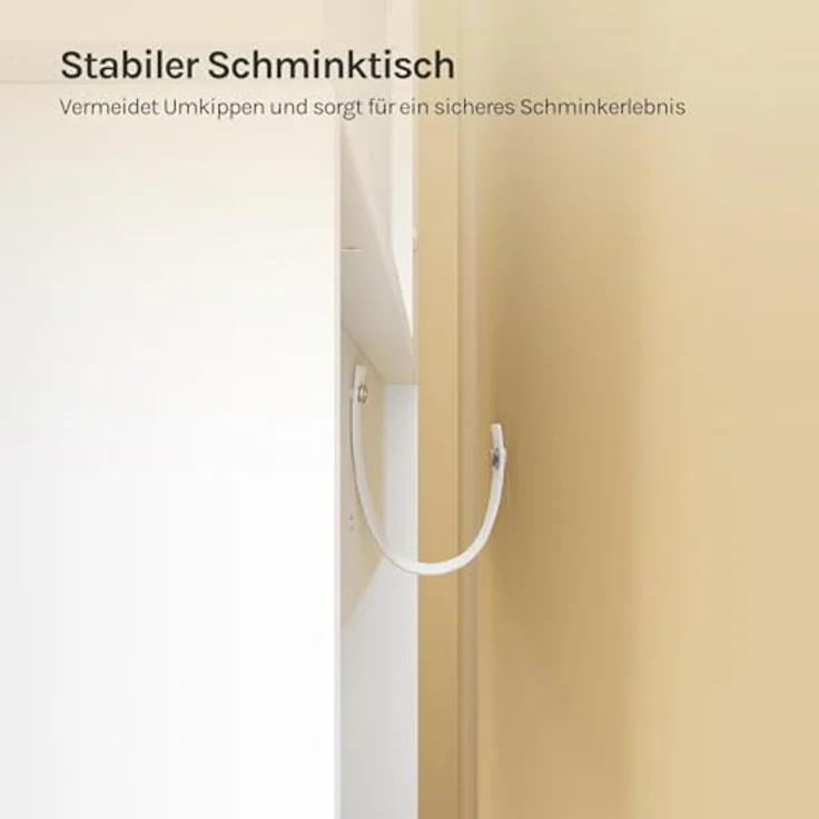 WOLTU Schminktisch Hollywood mit LED-Beleuchtung, Spiegel, 2 Schubladen und 4 offene Ablagen, Holz weiß, 90 x 135 x 40 cm – Bild 9