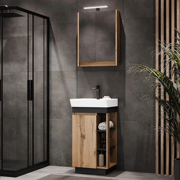 Planetmöbel Badmöbel-Set Nyx, (50cm Waschtisch mit Spiegelschrank, 2-St), Badezimmer Waschtisch 50 cm für Gäste-Bad & WC – Bild 1