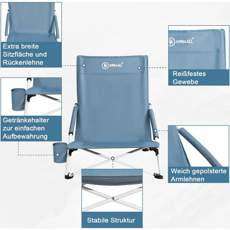 HOMECALL Klappstuhl Strandliegestuhl Klappbar leicht niedriger Strandstuhl Campingstuhl (1 St), Bequeme Rückenlehne, Gepolsterte Armlehnen, bis 120 kg – Bild 2