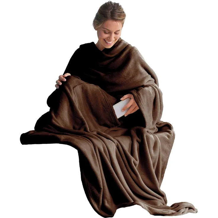 CelinaTex TV-Decke mit Ärmeln und Fußtasche Flauschige Kuscheldecke 150x180 cm dunkel braun Mikrofaser Fleece Soft Oeko-TEX