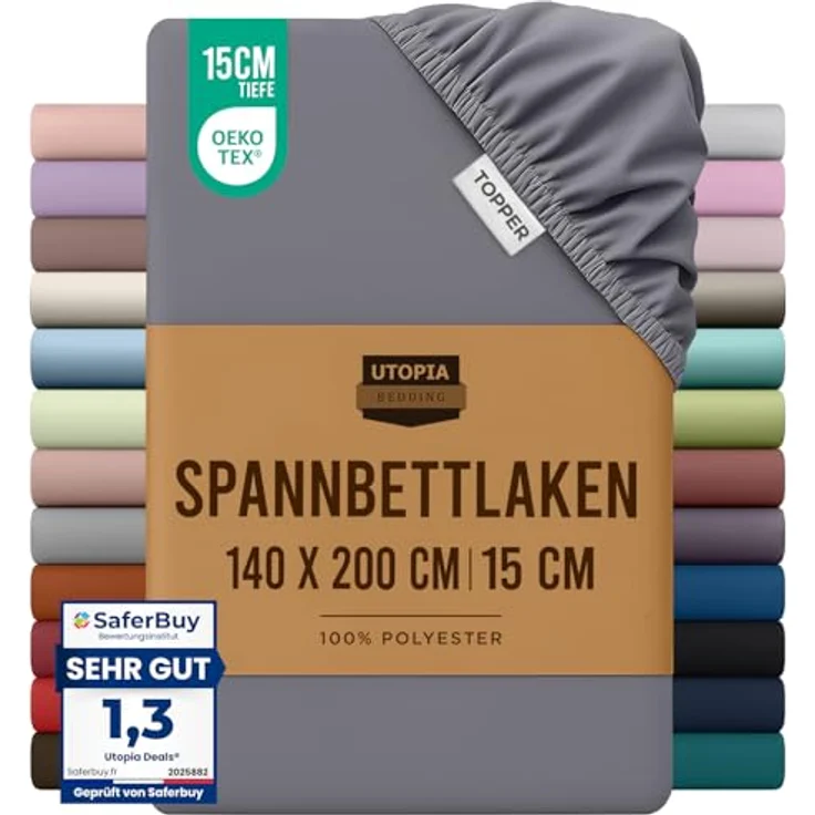 Utopia Bedding - Topper Spannbettlaken 140x200cm - Grau - Oeko-Tex Zertifiziertes Gebürstete Polyester-Mikrofaser Spannbetttuch - 15 cm Tiefe Tasche – Bild 1