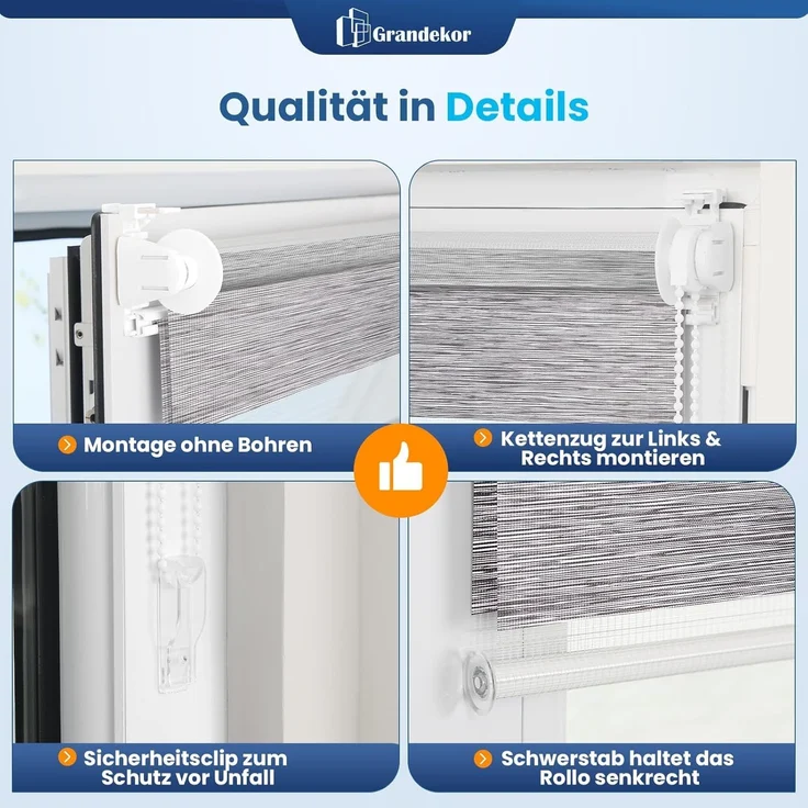 Grandekor Doppelrollo Klemmfix ohne Bohren Marmor Grau 90x150 cm(Stoffbreite 86cm) Fenster Rollos für innen Klemmrollos Duo Rollos für Fenster ohne Bohren mit Bohren Privatschutz UV-Schutz Zebrarollo – Bild 5