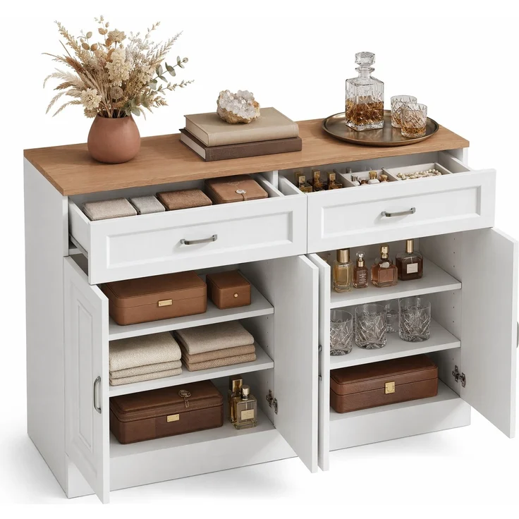 DESVIAE Sideboard mit 4 Türen und 2 Schubladen 120x80,5x35 cm Spanplatte Weiß – Bild 7
