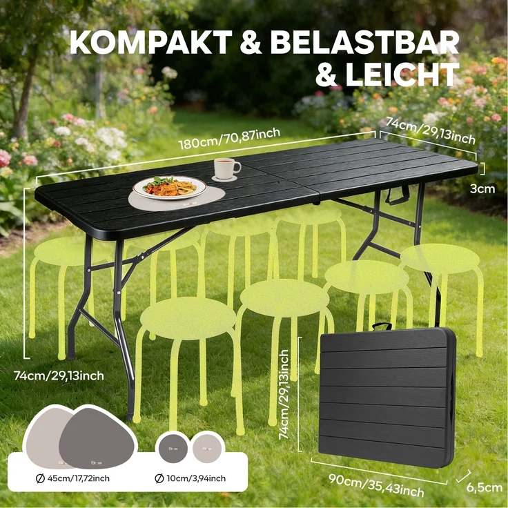 Eiryss Klappbarer Gartentisch 180x74cm, Outdoor Campingtisch für 8 Personen, schwarz mit Holzoptik-Kunststoffplatte, Metallrahmen, belastbar 150kg, 3 Sicherheitsverschlüsse, Buffetstisch für Garten, Balkon – Bild 2