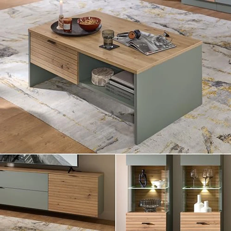 Stella Trading INA Wohnwand Komplett-Set in Schilfgrün, Artisan Eiche Optik FSC-Zertifiziert - Moderne Schrankwand 5-teilig mit LED-Beleuchtung für Ihr Wohnzimmer - 320 x 200 x 44 cm (B/H/T) – Bild 7