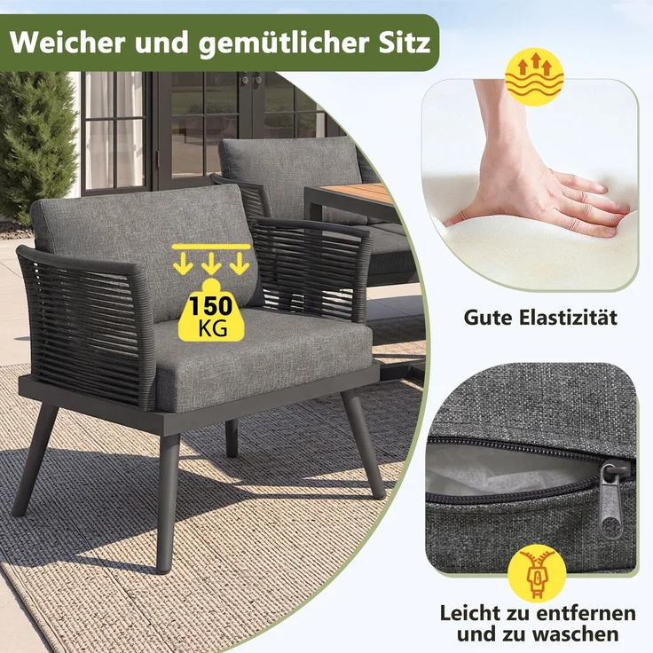 Merax Gartenlounge-Set, 7-Sitzer L-förmiges Gartensofa-Set mit Sessel, geflochtenen Armlehnen, Wetterfeste Eckgarnitur aus Eisen, mit Holz-Couchtisch, Mit Polstern & Kissen, Grau – Bild 6